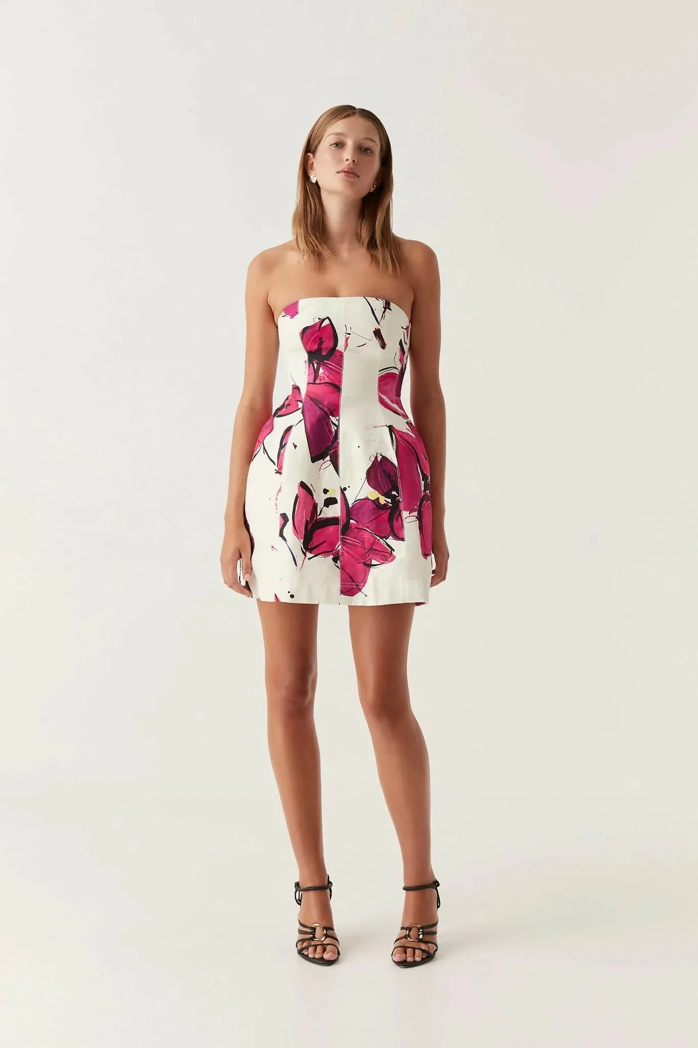 Aje Baret Strapless Mini Dress In Falling Florals Size 8