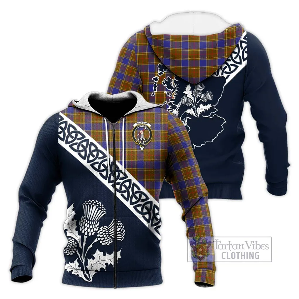 Balfour Tartan Knitted Hoodie Featuring Thistle and Scotland Map