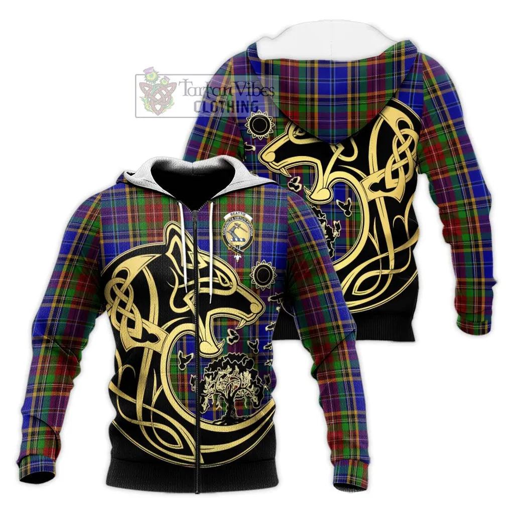 Beattie Tartan Knitted Hoodie with Family Crest Celtic Wolf Style