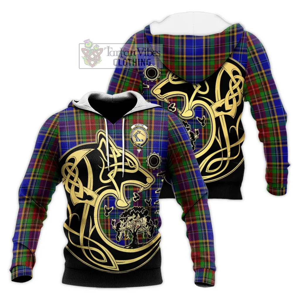 Beattie Tartan Knitted Hoodie with Family Crest Celtic Wolf Style