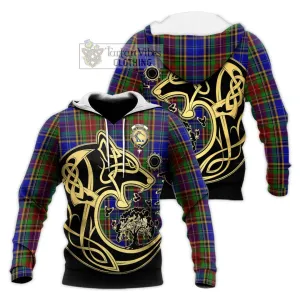 Beattie Tartan Knitted Hoodie with Family Crest Celtic Wolf Style