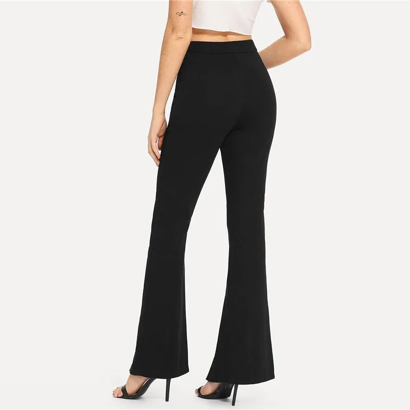 Black Split Solid Leggings Workwear Elegant Plain Mid Waist Casual Leggings Fitness Spring Autumn Pants