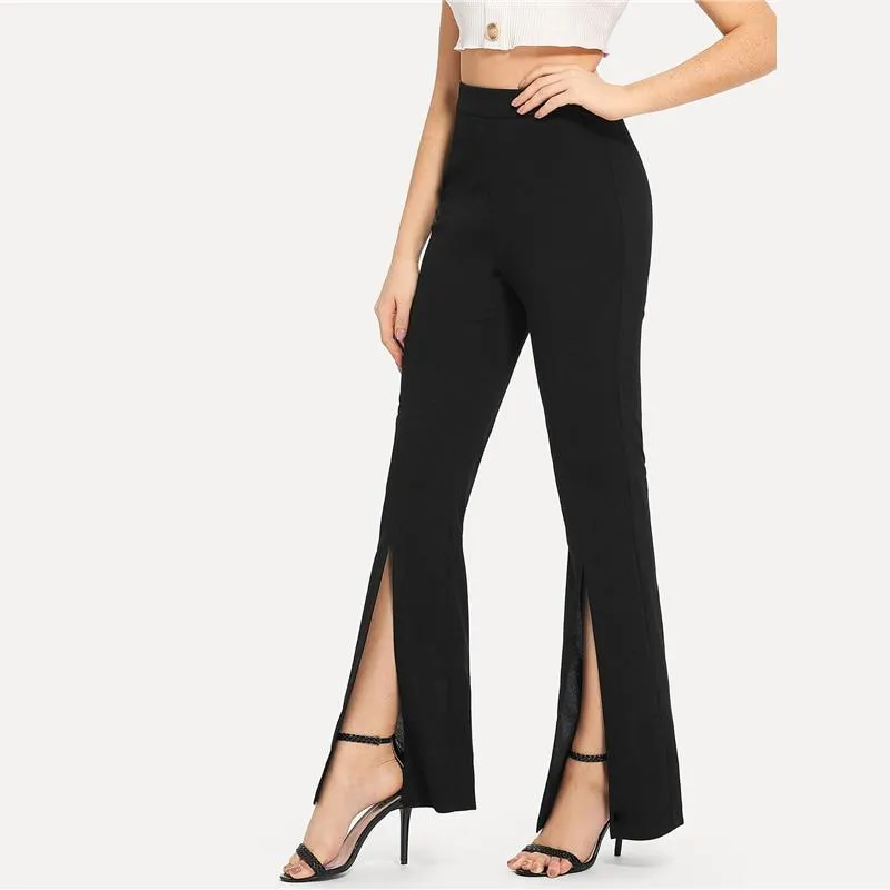 Black Split Solid Leggings Workwear Elegant Plain Mid Waist Casual Leggings Fitness Spring Autumn Pants