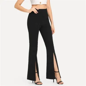 Black Split Solid Leggings Workwear Elegant Plain Mid Waist Casual Leggings Fitness Spring Autumn Pants