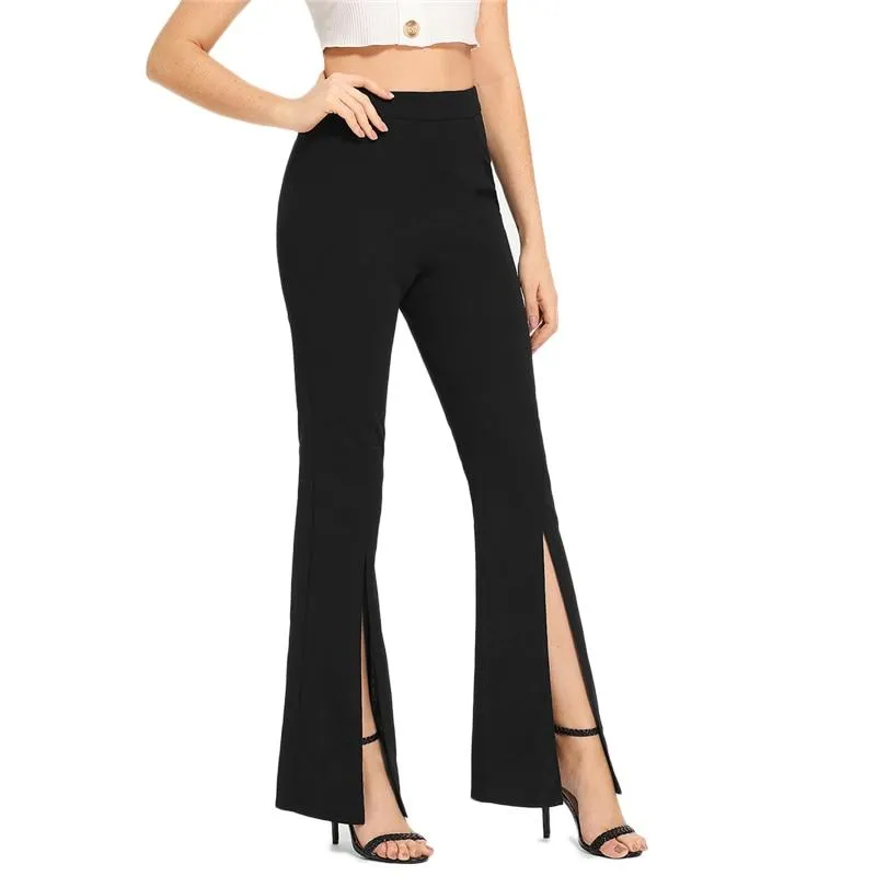 Black Split Solid Leggings Workwear Elegant Plain Mid Waist Casual Leggings Fitness Spring Autumn Pants