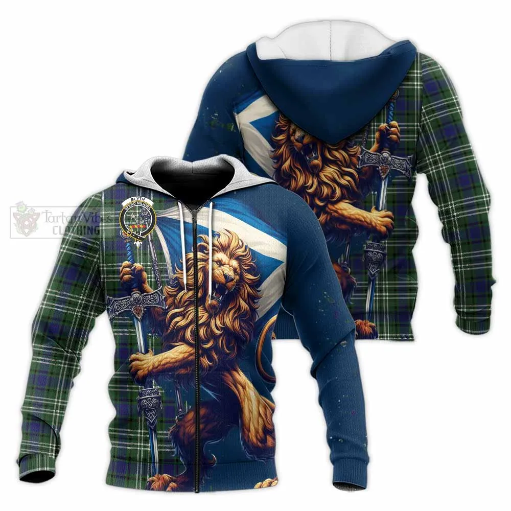 Blyth Tartan Family Crest Knitted Hoodie with Scottish Majestic Lion