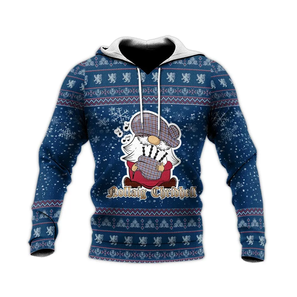 Boswell Clan Christmas Knitted Hoodie with Funny Gnome Playing Bagpipes