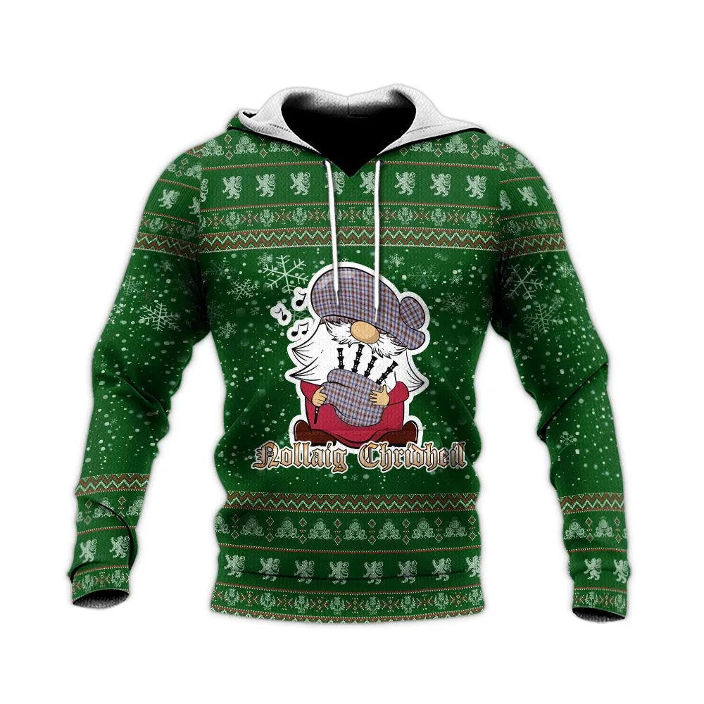 Boswell Clan Christmas Knitted Hoodie with Funny Gnome Playing Bagpipes