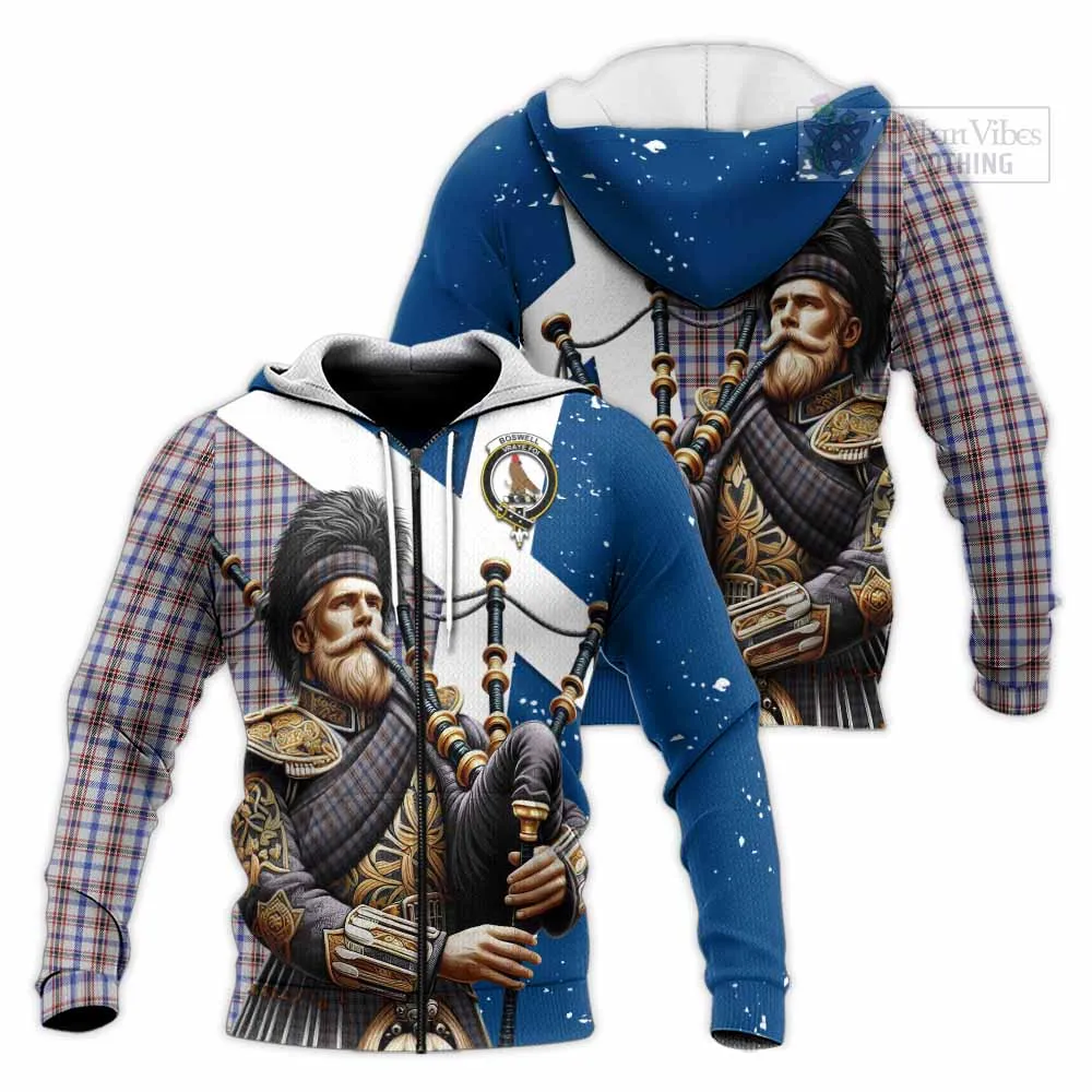 Boswell Tartan Knitted Hoodie with Family Crest Scottish Bagpiper Vibes