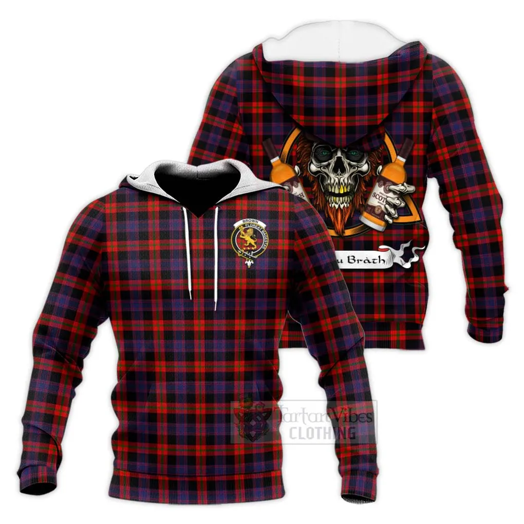 Brown (Broun) Tartan Knitted Hoodie with Family Crest and Bearded Skull Holding Bottles of Whiskey