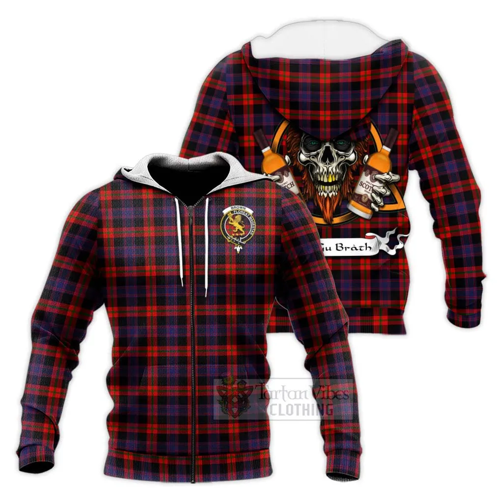 Brown (Broun) Tartan Knitted Hoodie with Family Crest and Bearded Skull Holding Bottles of Whiskey