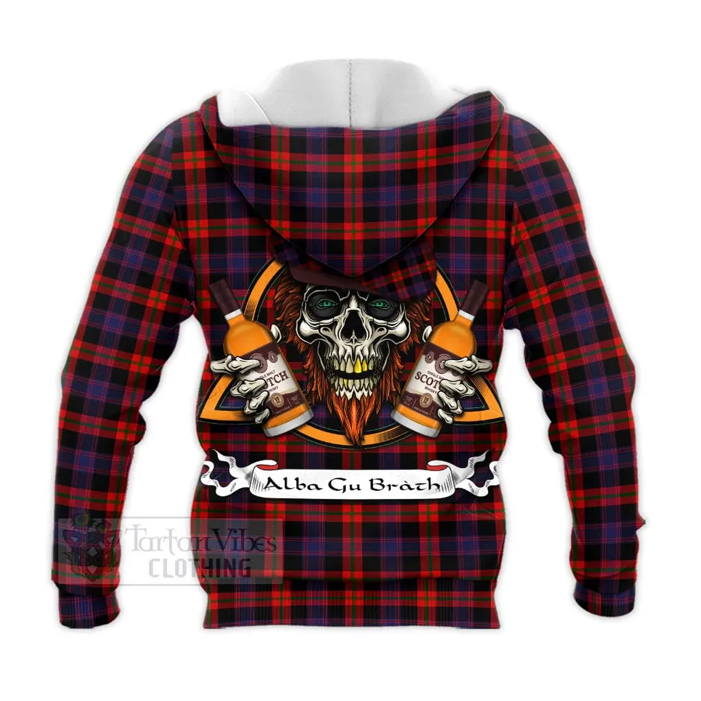 Brown (Broun) Tartan Knitted Hoodie with Family Crest and Bearded Skull Holding Bottles of Whiskey