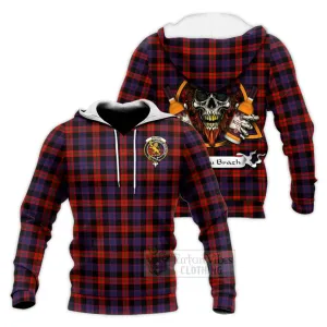 Brown (Broun) Tartan Knitted Hoodie with Family Crest and Bearded Skull Holding Bottles of Whiskey