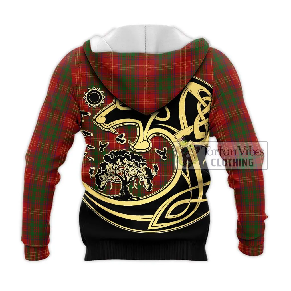 Burns Tartan Knitted Hoodie with Family Crest Celtic Wolf Style