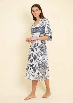 Charlotte Linen Dress | Lilyrose Print | White & Navy