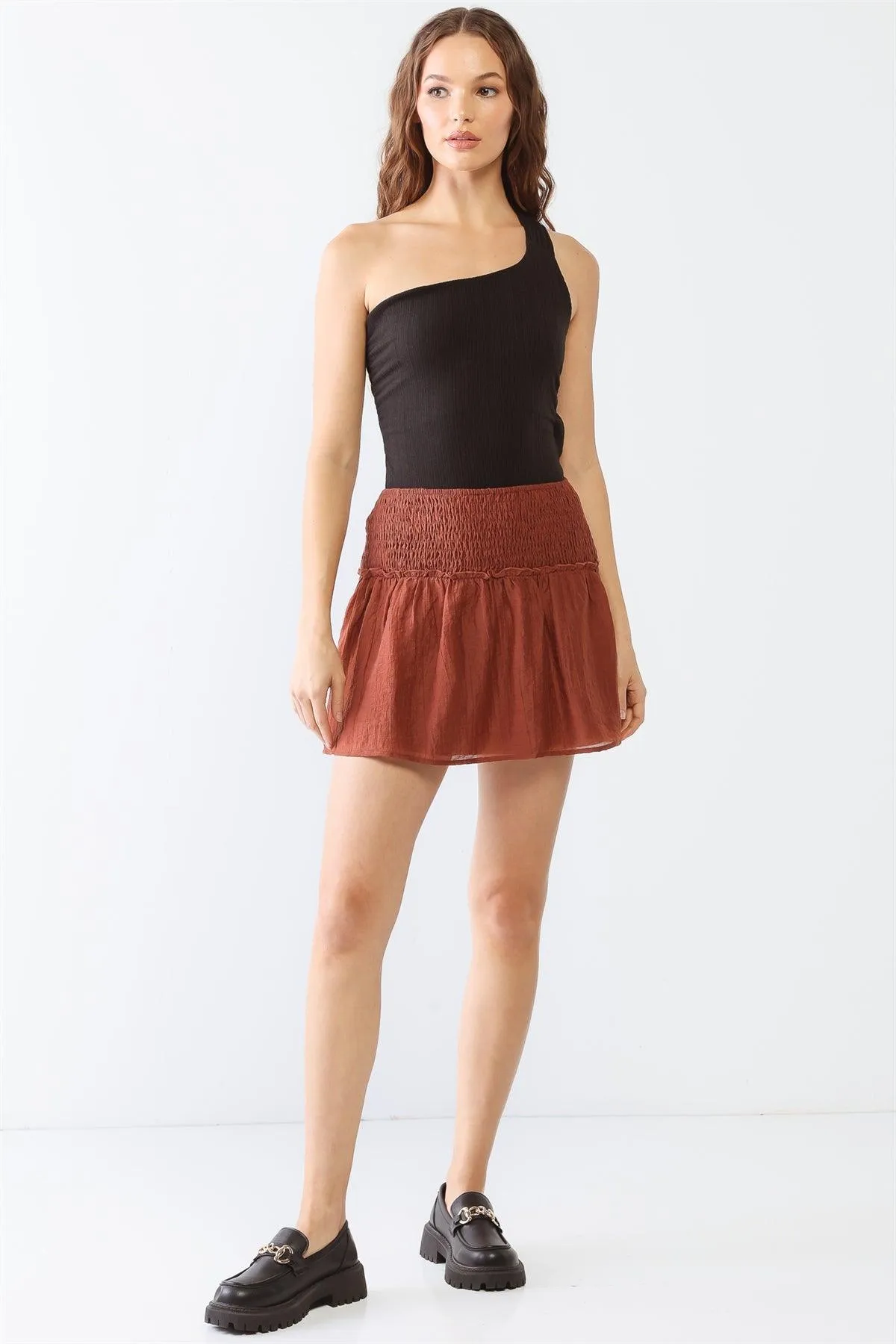 Crinkled Smocked Ruffle High Waist Mini Skirt