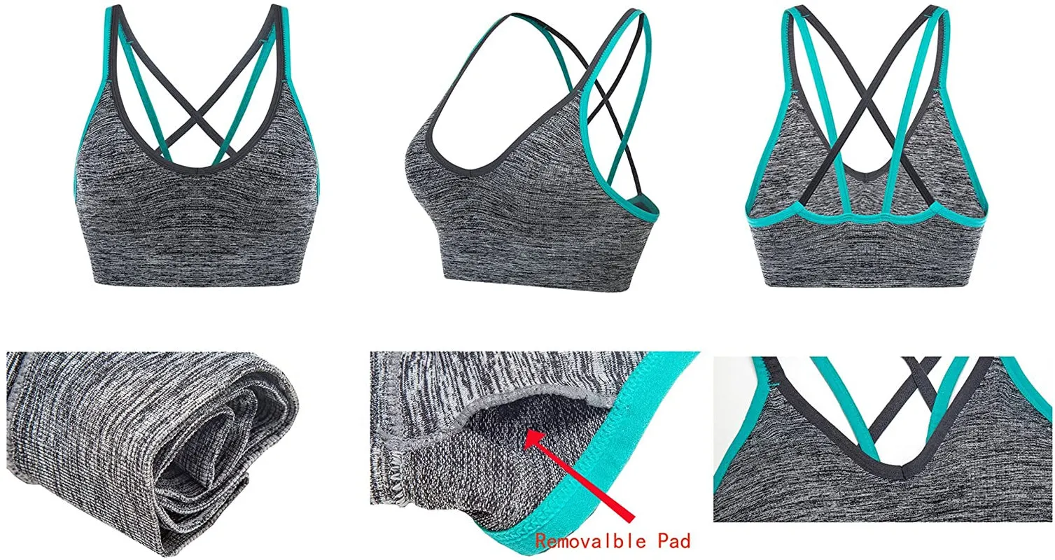 ,Criss-Cross Back Padded Strappy Sports Bras with Removable Cups