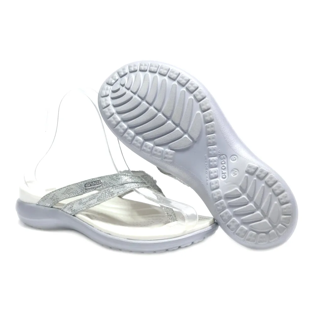 Crocs Flat Sandals Leather Silver Colour For Women