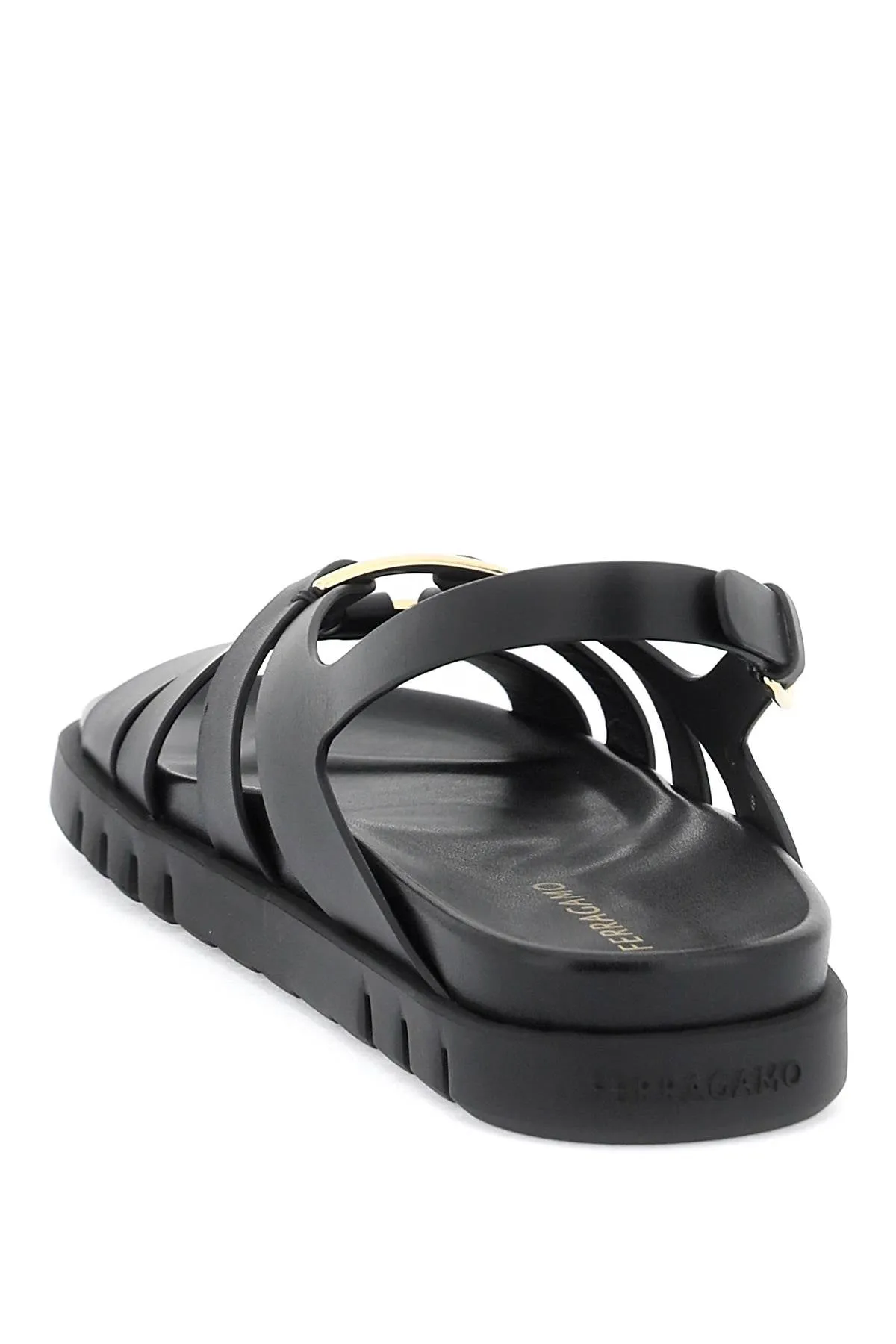 Ferragamo Glamorous Black Flatform Sandals for Women with Golden Gancini Hook Ornament