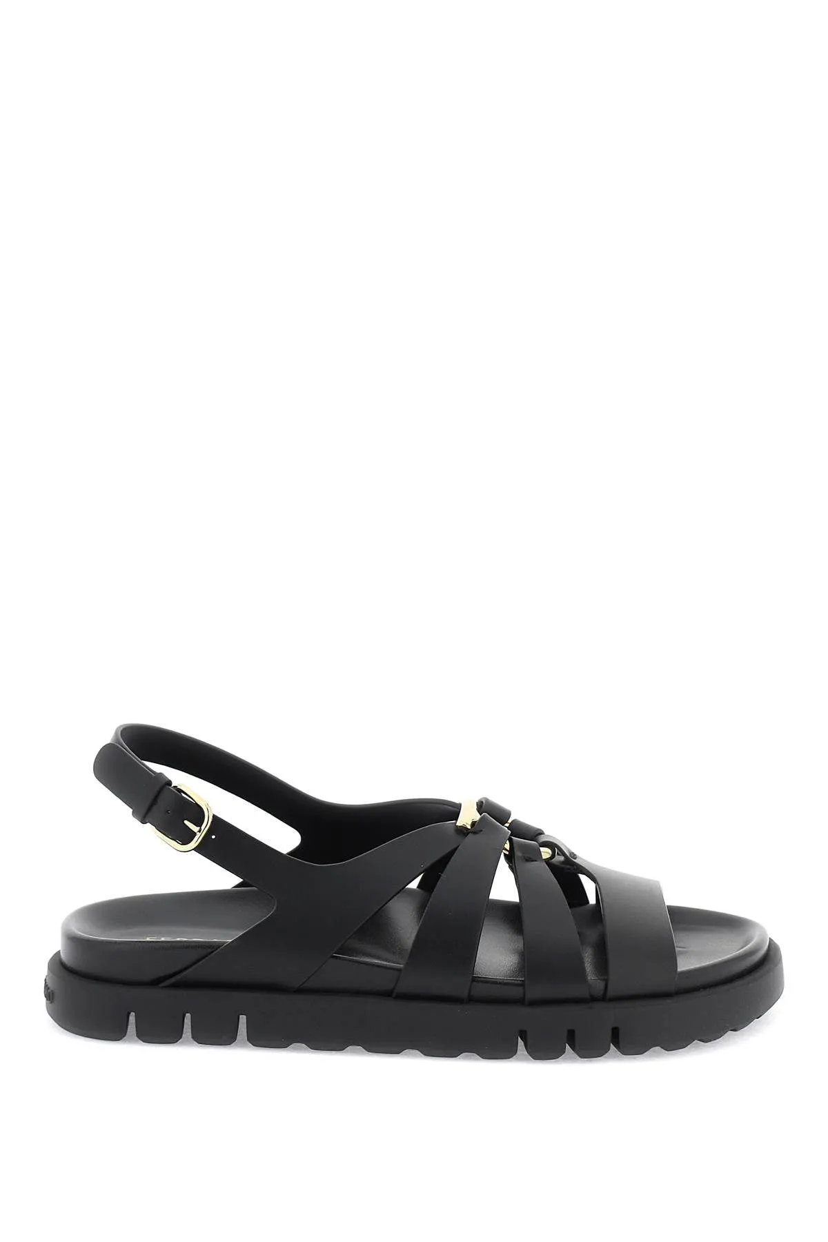 Ferragamo Glamorous Black Flatform Sandals for Women with Golden Gancini Hook Ornament