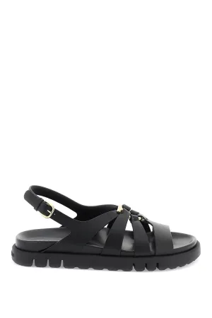 Ferragamo Glamorous Black Flatform Sandals for Women with Golden Gancini Hook Ornament
