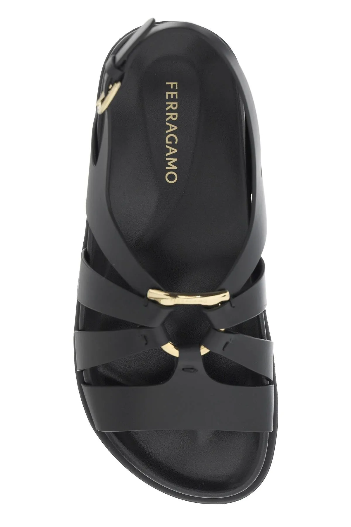 Ferragamo Glamorous Black Flatform Sandals for Women with Golden Gancini Hook Ornament
