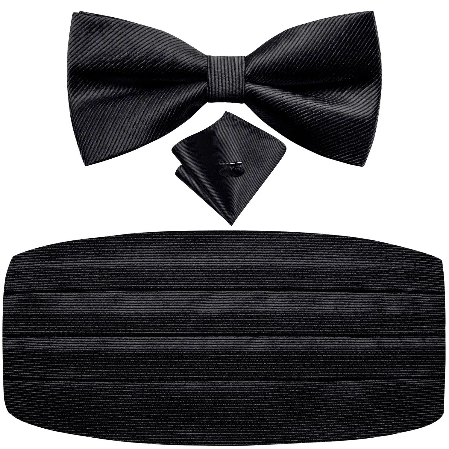 Hi-Tie Black Solid Wedding Mens Cummerbund Bow Tie Hanky Cufflinks Set