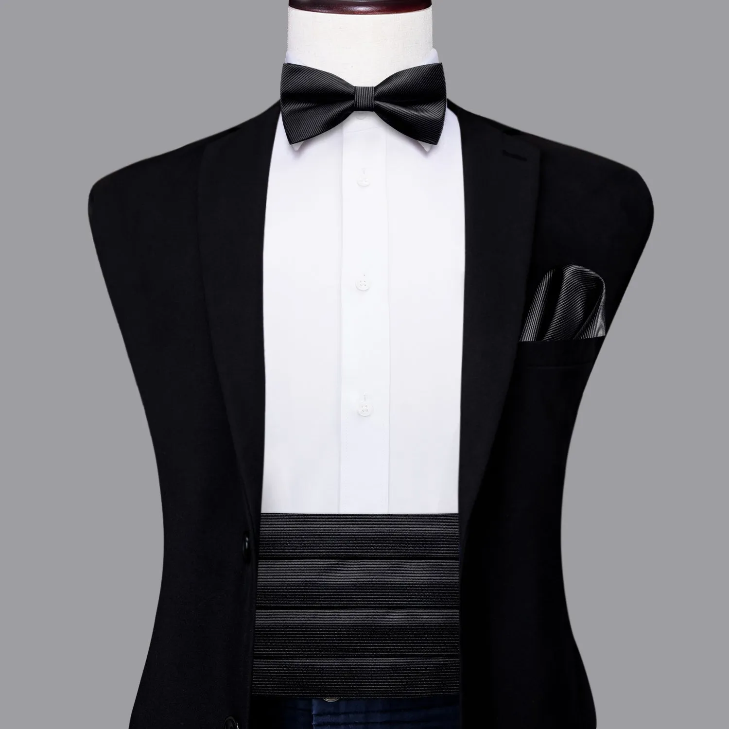 Hi-Tie Black Solid Wedding Mens Cummerbund Bow Tie Hanky Cufflinks Set