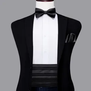Hi-Tie Black Solid Wedding Mens Cummerbund Bow Tie Hanky Cufflinks Set