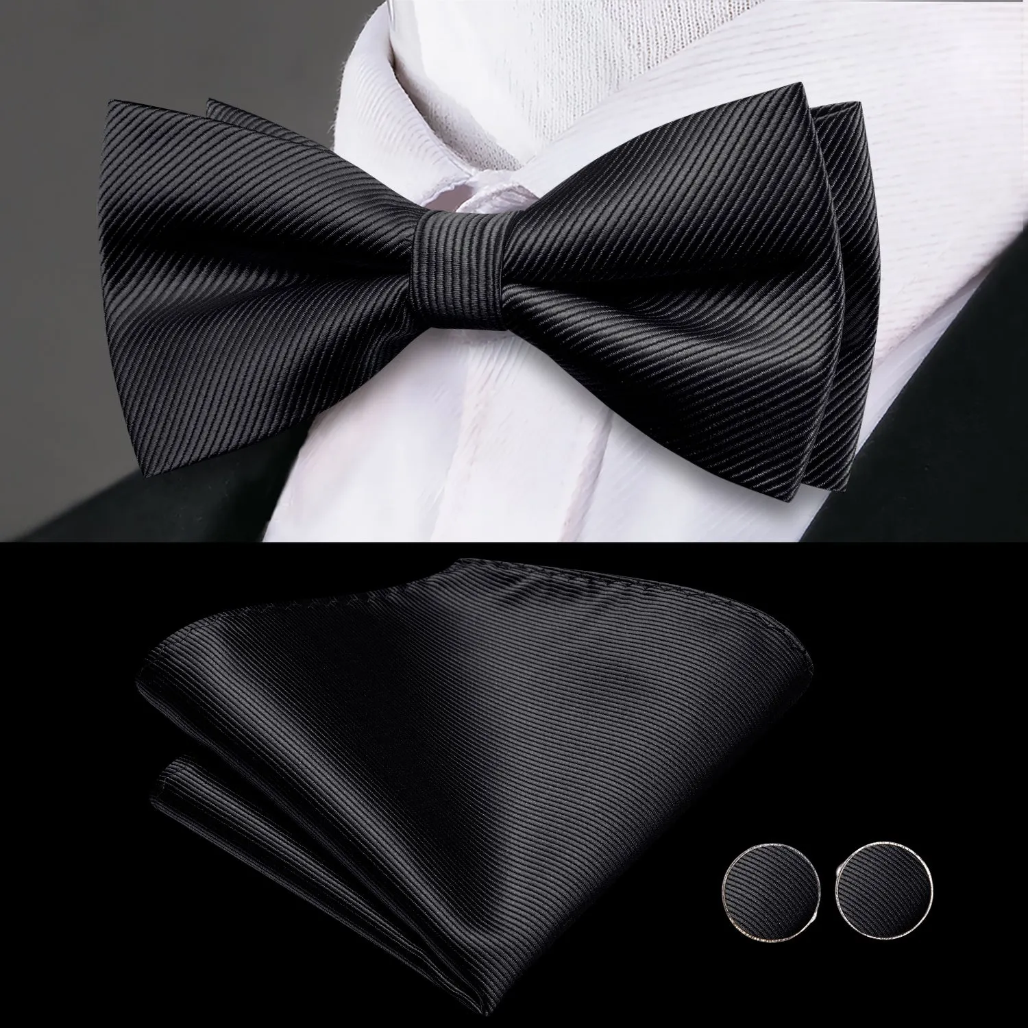 Hi-Tie Black Solid Wedding Mens Cummerbund Bow Tie Hanky Cufflinks Set
