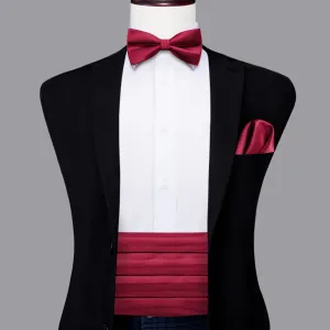 Hi-Tie Classic Red Solid Men's Cummerbund Bow Tie Hanky Cufflinks Set