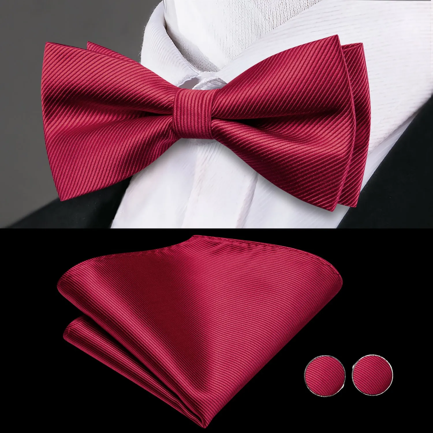 Hi-Tie Classic Red Solid Men's Cummerbund Bow Tie Hanky Cufflinks Set