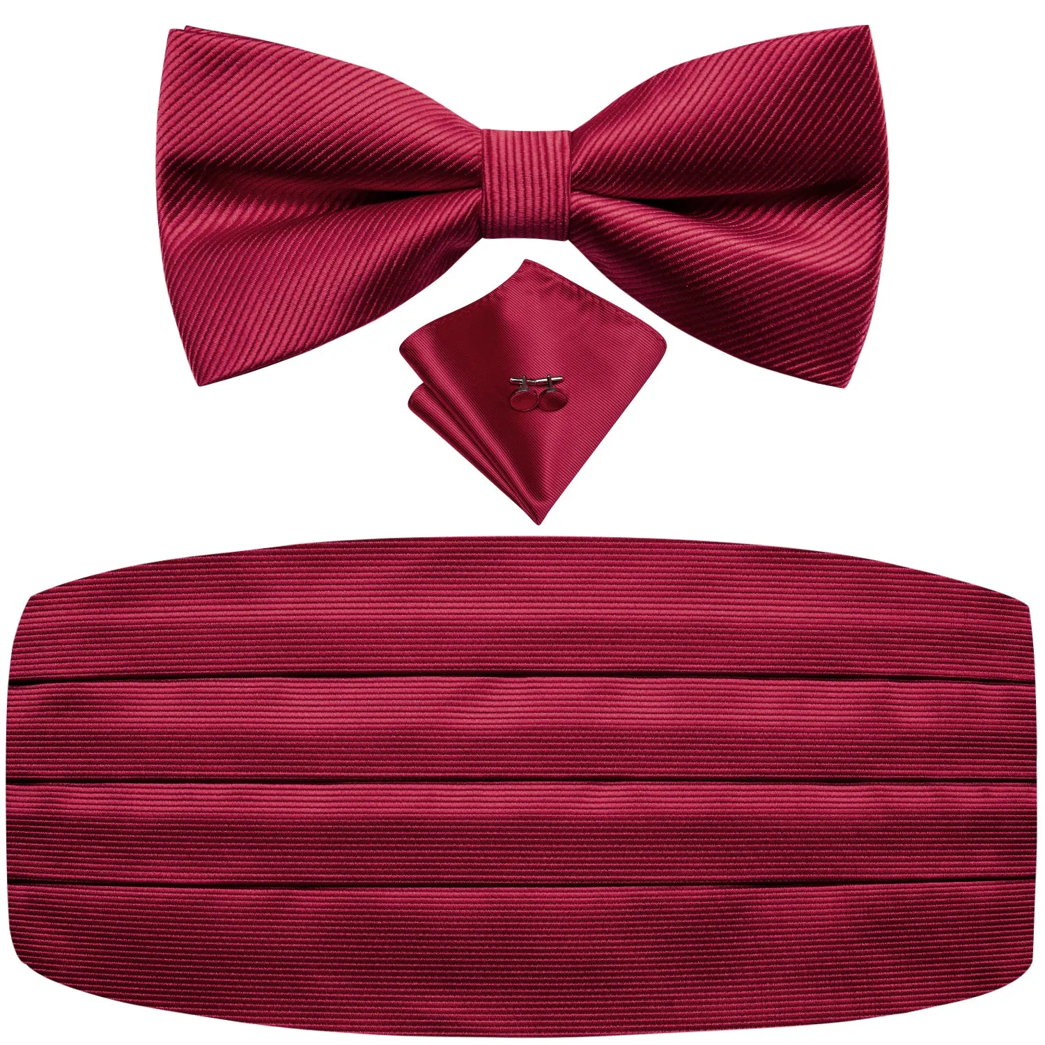 Hi-Tie Classic Red Solid Men's Cummerbund Bow Tie Hanky Cufflinks Set