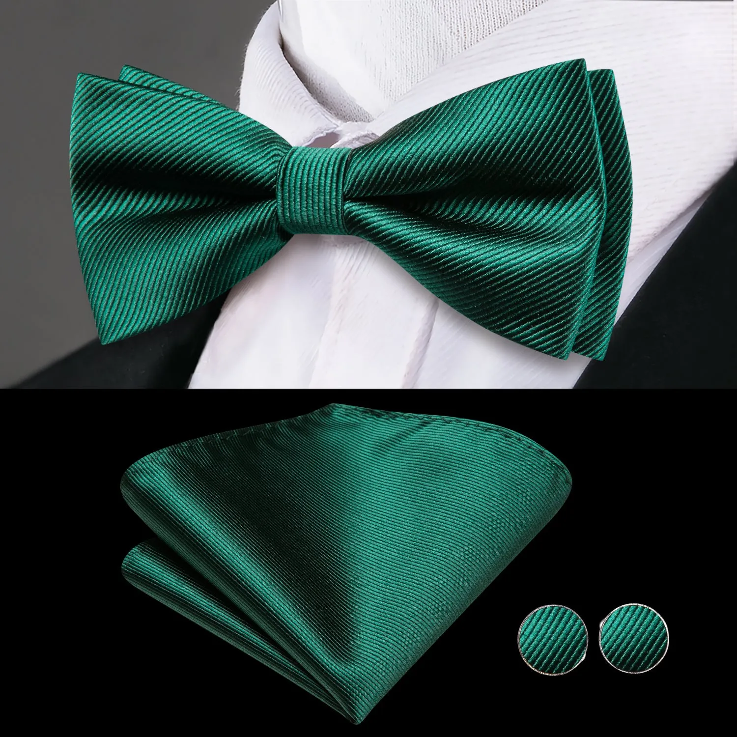 Hi-Tie Emerald Green Solid Mens Cummerbund Bow Tie Hanky Cufflinks Set