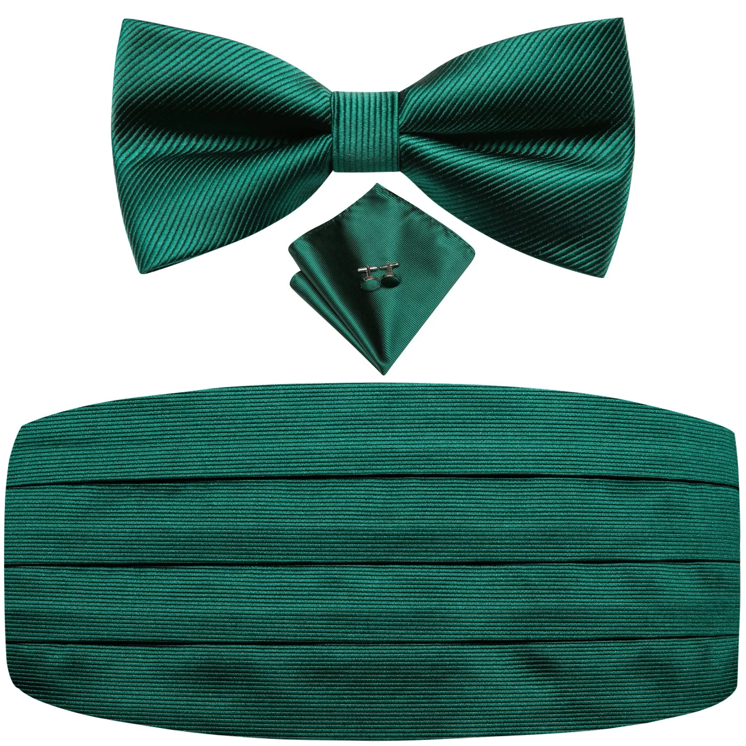 Hi-Tie Emerald Green Solid Mens Cummerbund Bow Tie Hanky Cufflinks Set