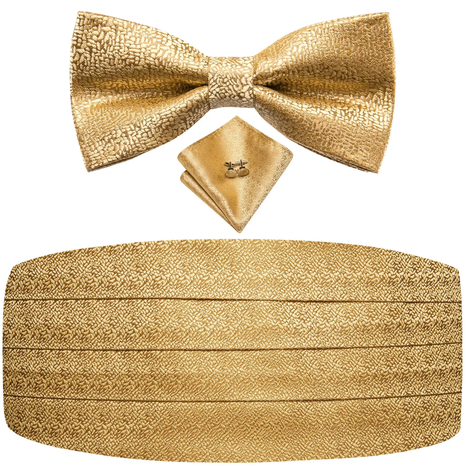 Hi-Tie Golden Solid Mens Cummerbund Bow Tie Handkerchief Cufflinks Set