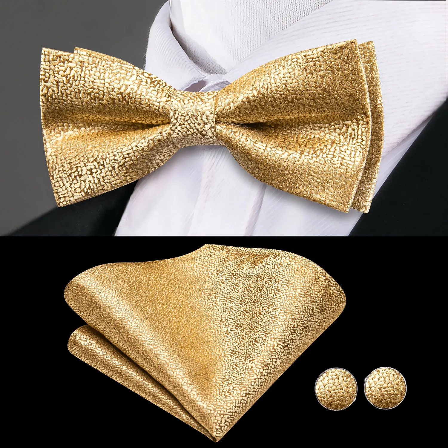 Hi-Tie Golden Solid Mens Cummerbund Bow Tie Handkerchief Cufflinks Set