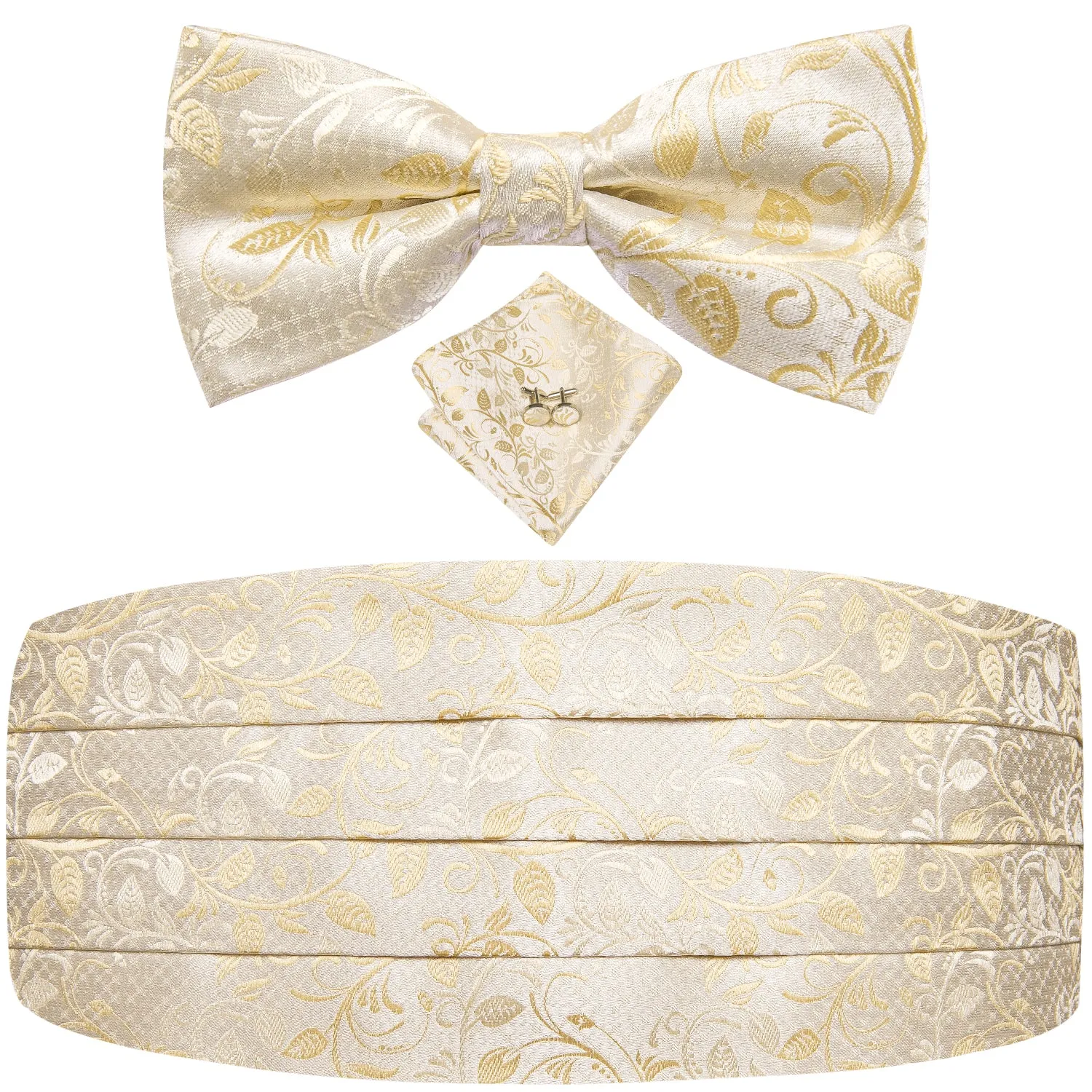 Hi-Tie Men's Champagne Floral Cummerbund Bow Tie Hanky Cufflinks Set