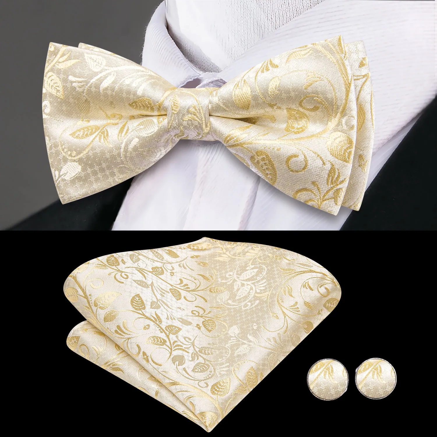 Hi-Tie Men's Champagne Floral Cummerbund Bow Tie Hanky Cufflinks Set