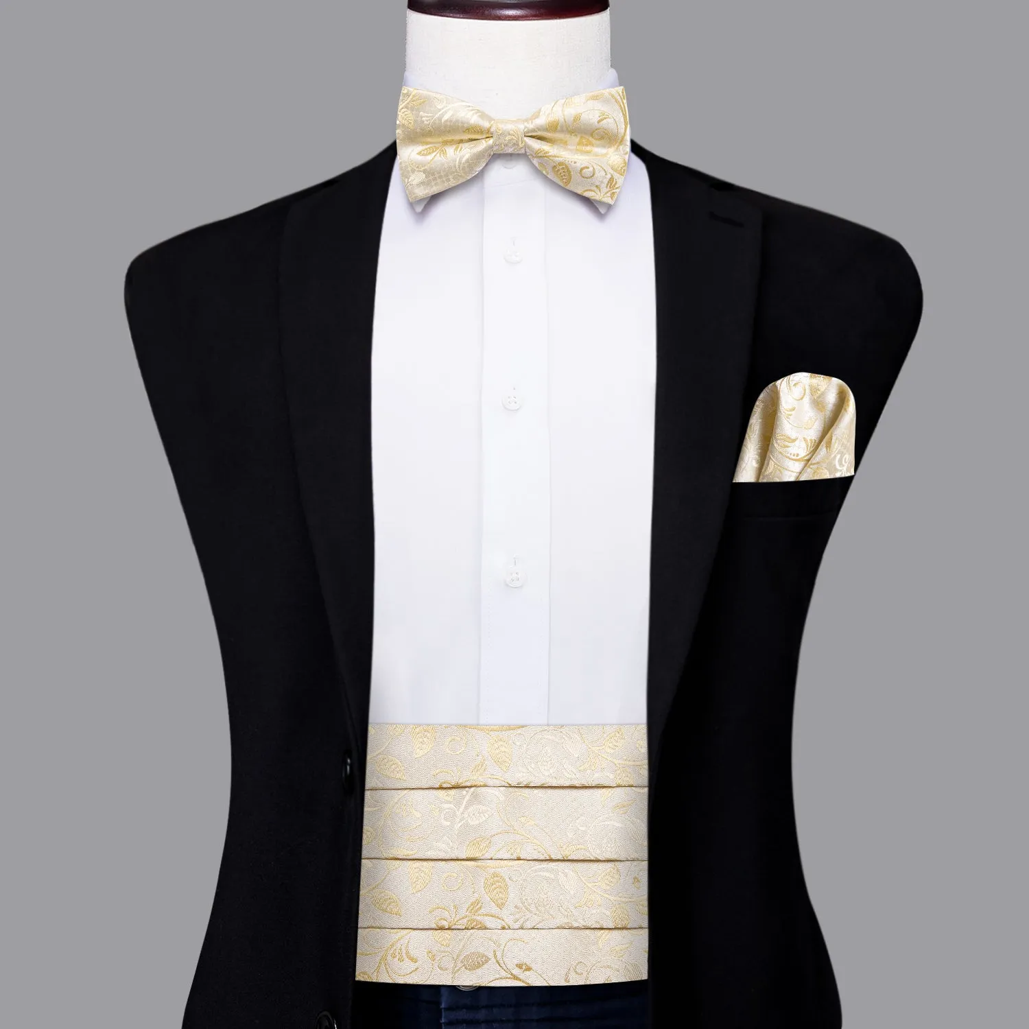 Hi-Tie Men's Champagne Floral Cummerbund Bow Tie Hanky Cufflinks Set
