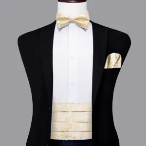 Hi-Tie Men's Champagne Floral Cummerbund Bow Tie Hanky Cufflinks Set
