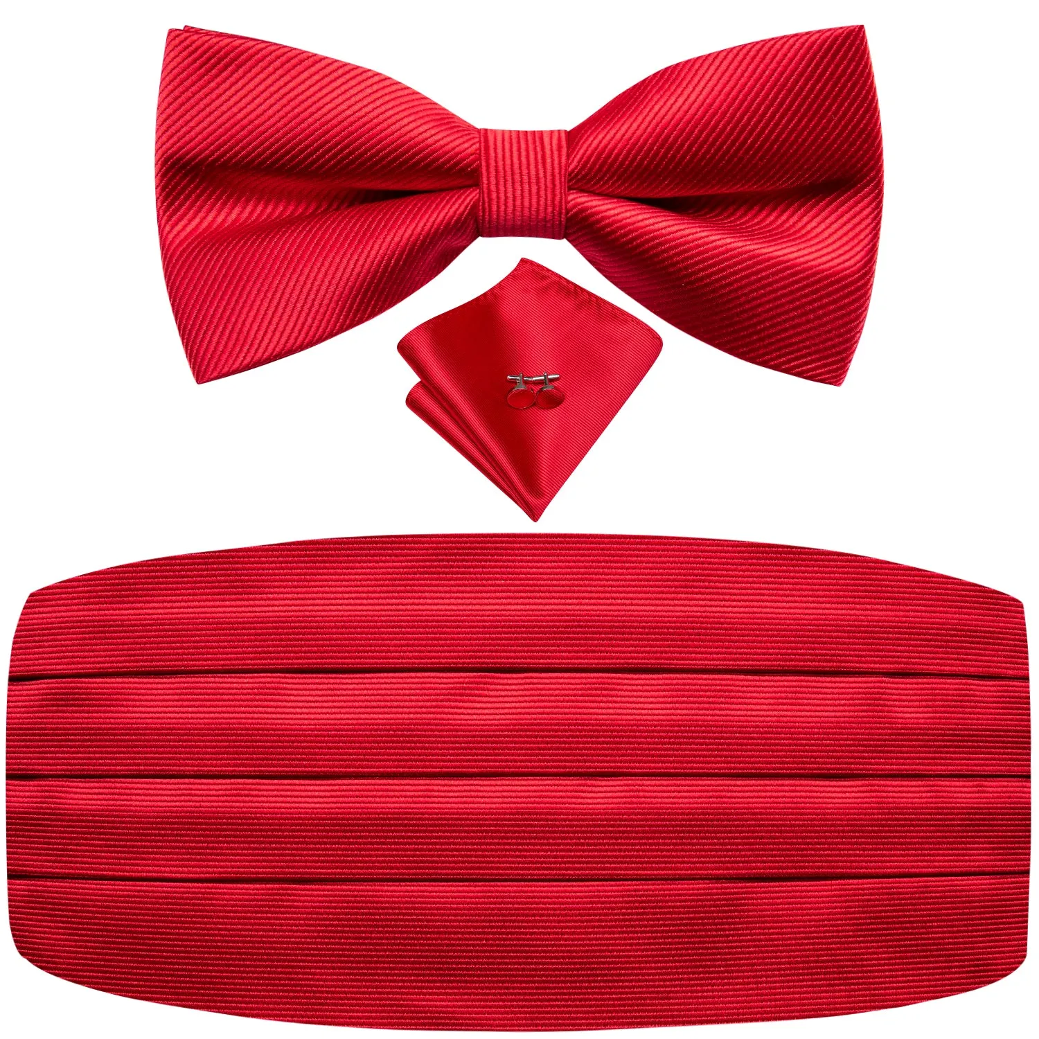 Hi-Tie Men's Classic Red Solid Cummerbund Bow Tie Hanky Cufflinks Set
