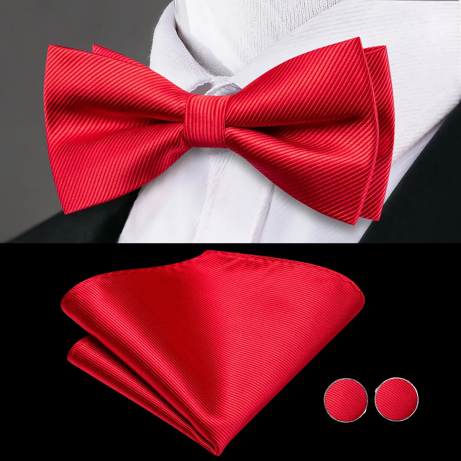 Hi-Tie Men's Classic Red Solid Cummerbund Bow Tie Hanky Cufflinks Set