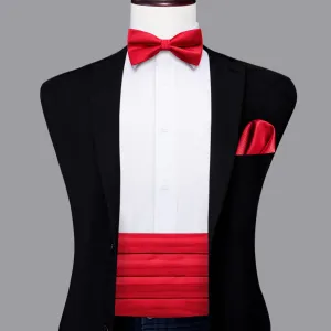 Hi-Tie Men's Classic Red Solid Cummerbund Bow Tie Hanky Cufflinks Set