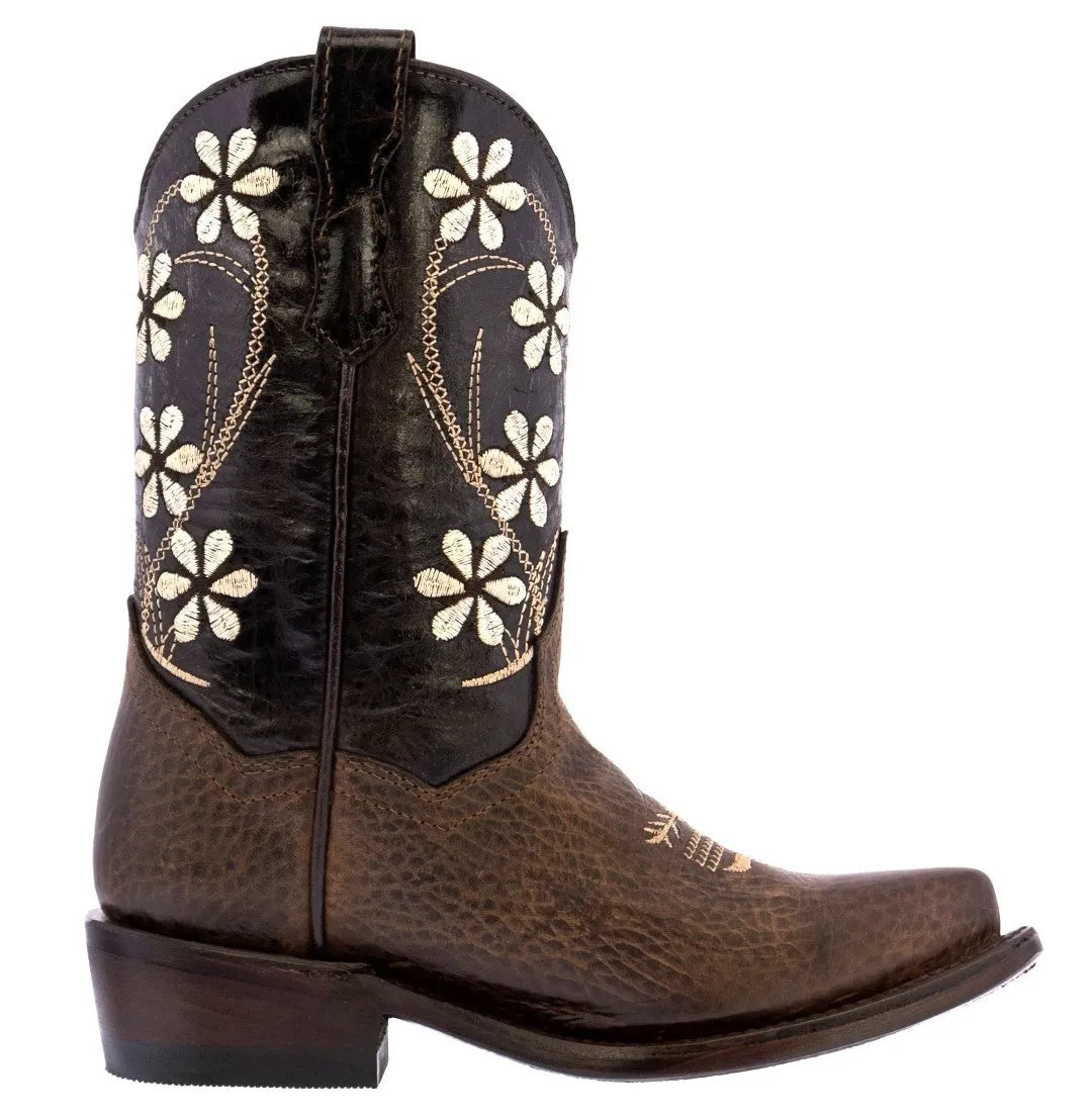 Kids FLR9 Dark Brown Western Cowboy Boots Floral Leather - Snip Toe