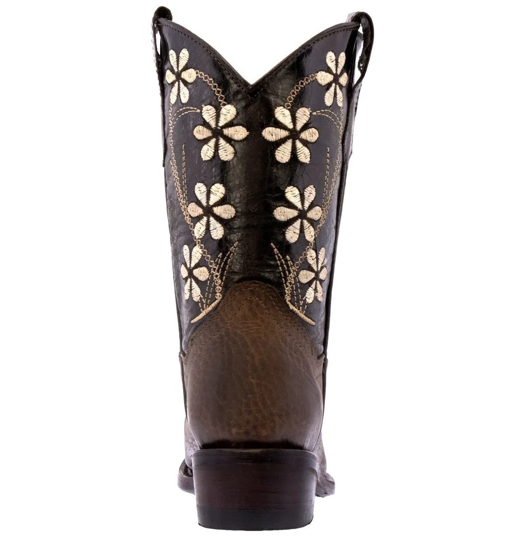 Kids FLR9 Dark Brown Western Cowboy Boots Floral Leather - Snip Toe