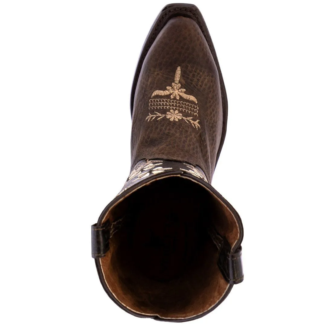 Kids FLR9 Dark Brown Western Cowboy Boots Floral Leather - Snip Toe
