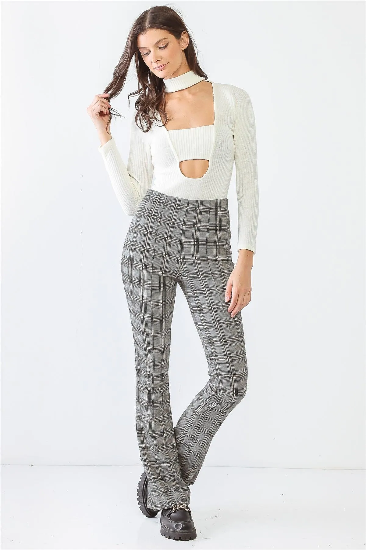 Knit Ribbed Cut-Out U-Shape Bust Detail Neck Bodysuit