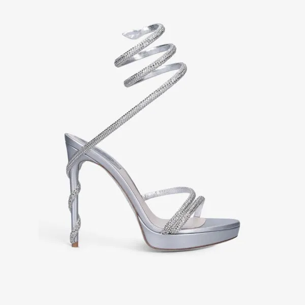 Margot 120 satin heeled sandals with crystals Rene Caovilla, silver