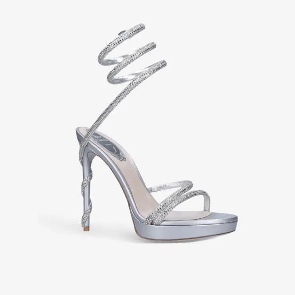 Margot 120 satin heeled sandals with crystals Rene Caovilla, silver